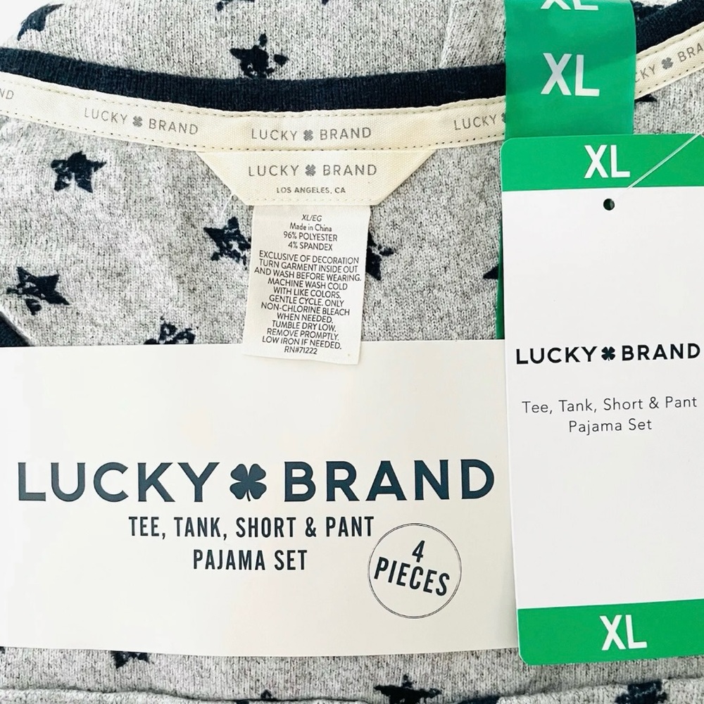 Lucky Brand Pajama Set Womens XL Gray Stars 4 Pieces T Shirt Tank Top Pant Short - Picture 2 of 5